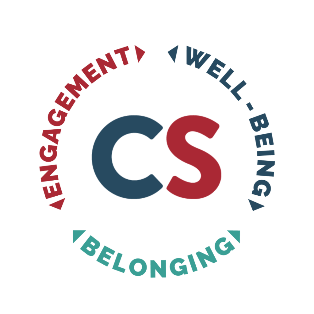 well-being, engagement, and belonging in a circle with CS in the middle